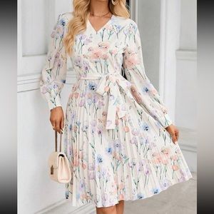 Elegant Floral Print Pleated Hem Belted Dress